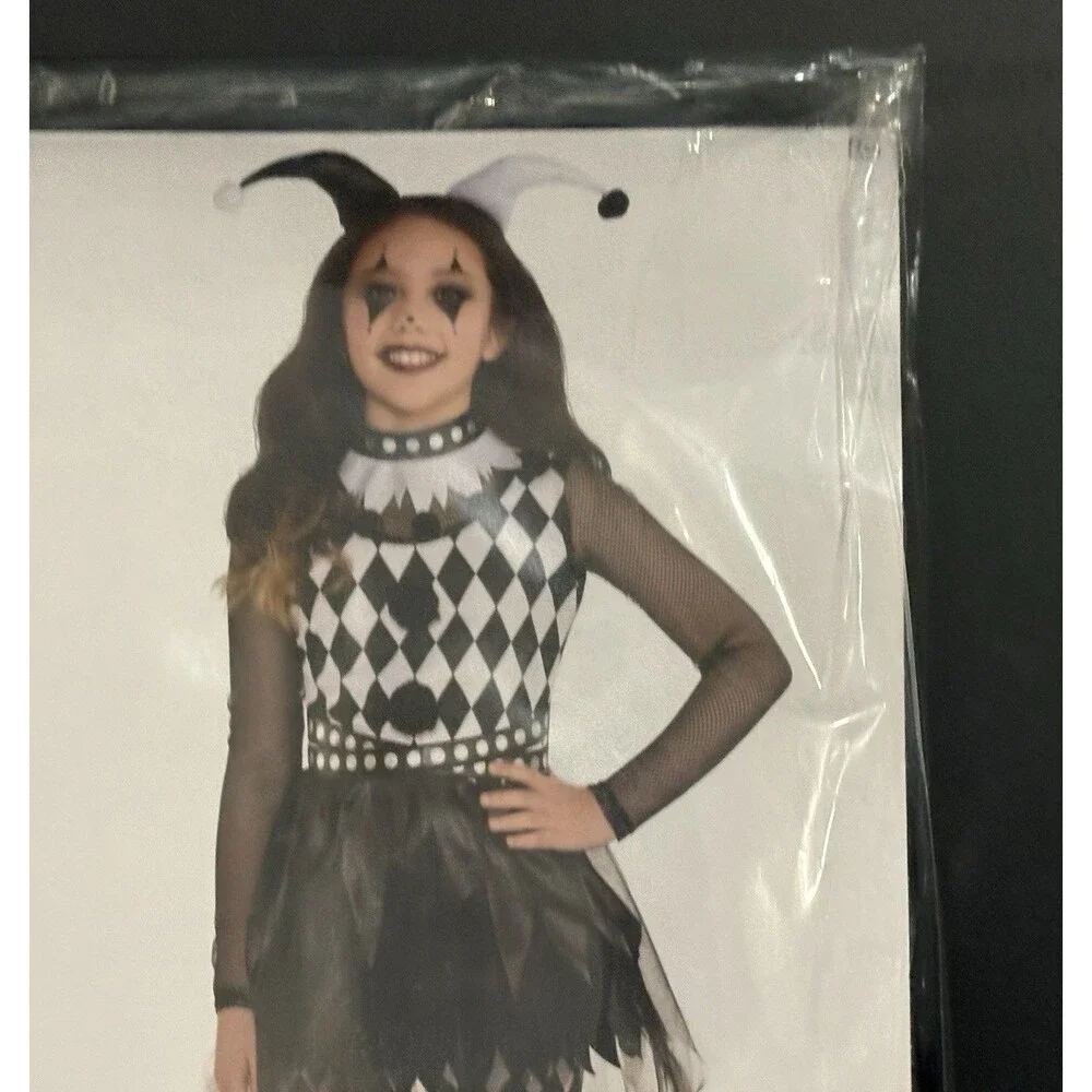 Punky Jester Halloween Costume Girls Sz Large 10-12 Black White Harlequin Circus